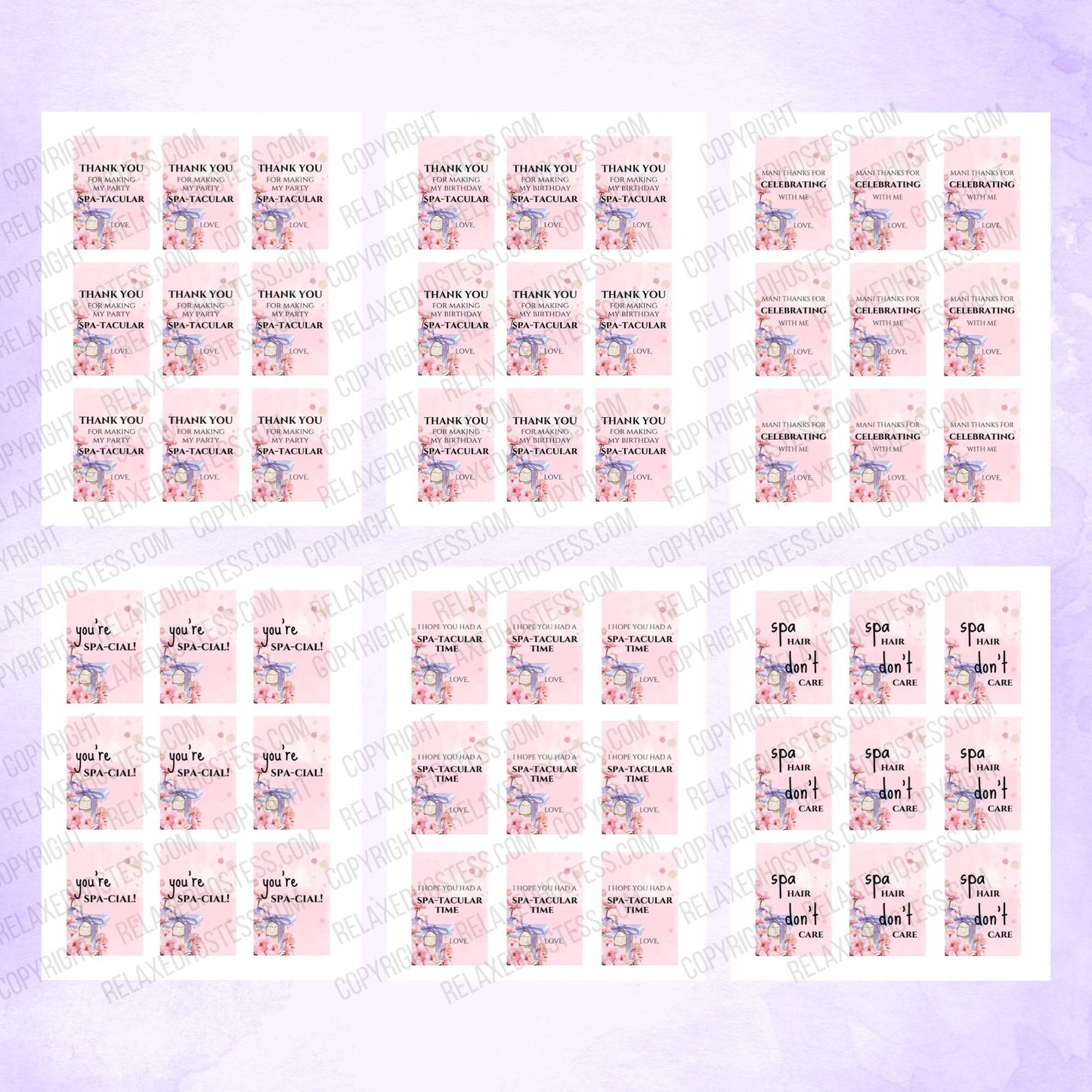 Beautiful printable spa party favor tags. 9 tags per page. Pink flowers and a stack of soap wrapped with a purple ribbon. Thank you for making my party spa-tacular, mani thanks for celebrating with me, I hope you had a spa-tacular time, you're spa-cial, spa hair dont' care.
