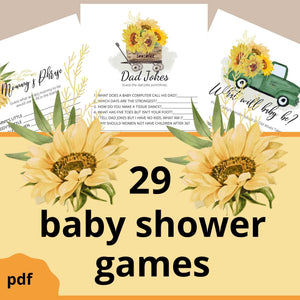 
                  
                    20 sunflower baby shower games such as what will baby be, dad jokes, who knows mommy best. Pdf printable. The games have images of vintage sunflowers and a green truck, wooden wagon.
                  
                
