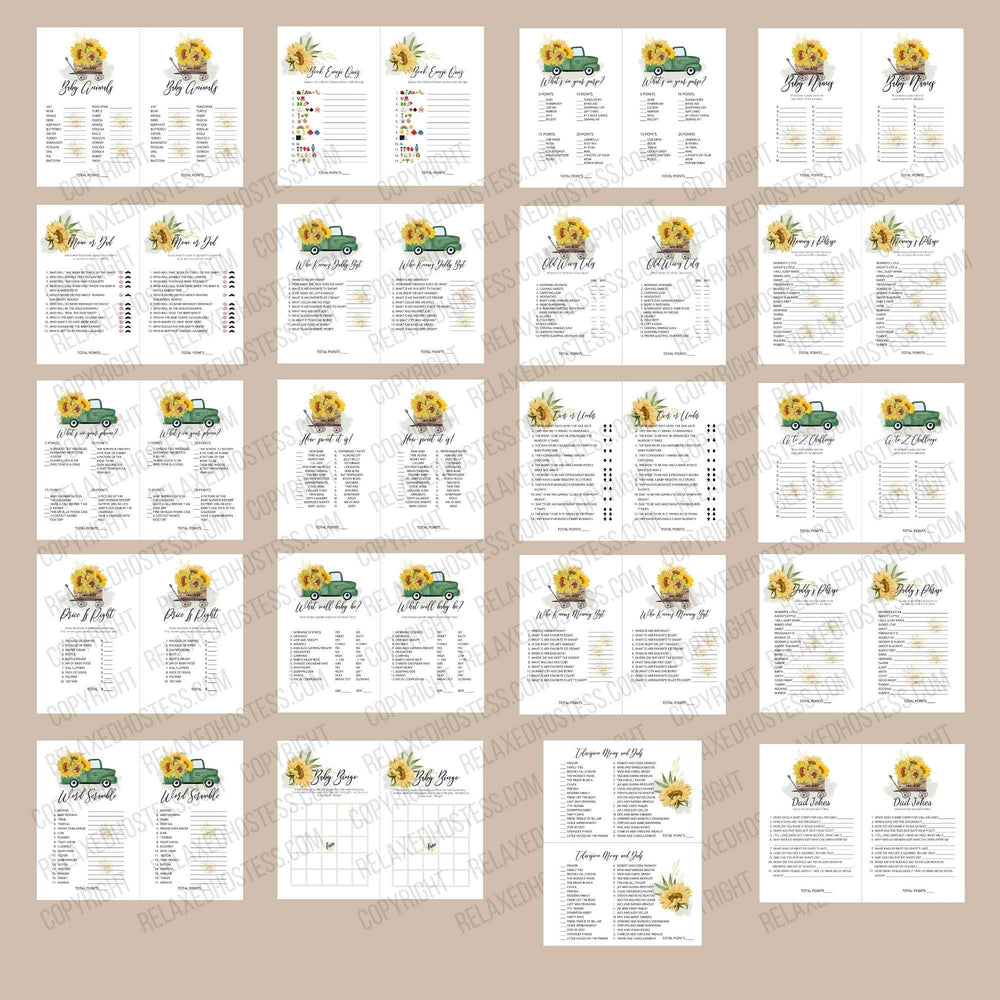 
                  
                    20 sunflower baby shower games such as what will baby be, mommy's phrase, who knows mommy best, over or under, mom or dad, baby bingo, price is right, baby names, what's in your purse, book emoji quiz.. Pdf printable. The games have images of vintage sunflowers and a green truck, wooden wagon.
                  
                