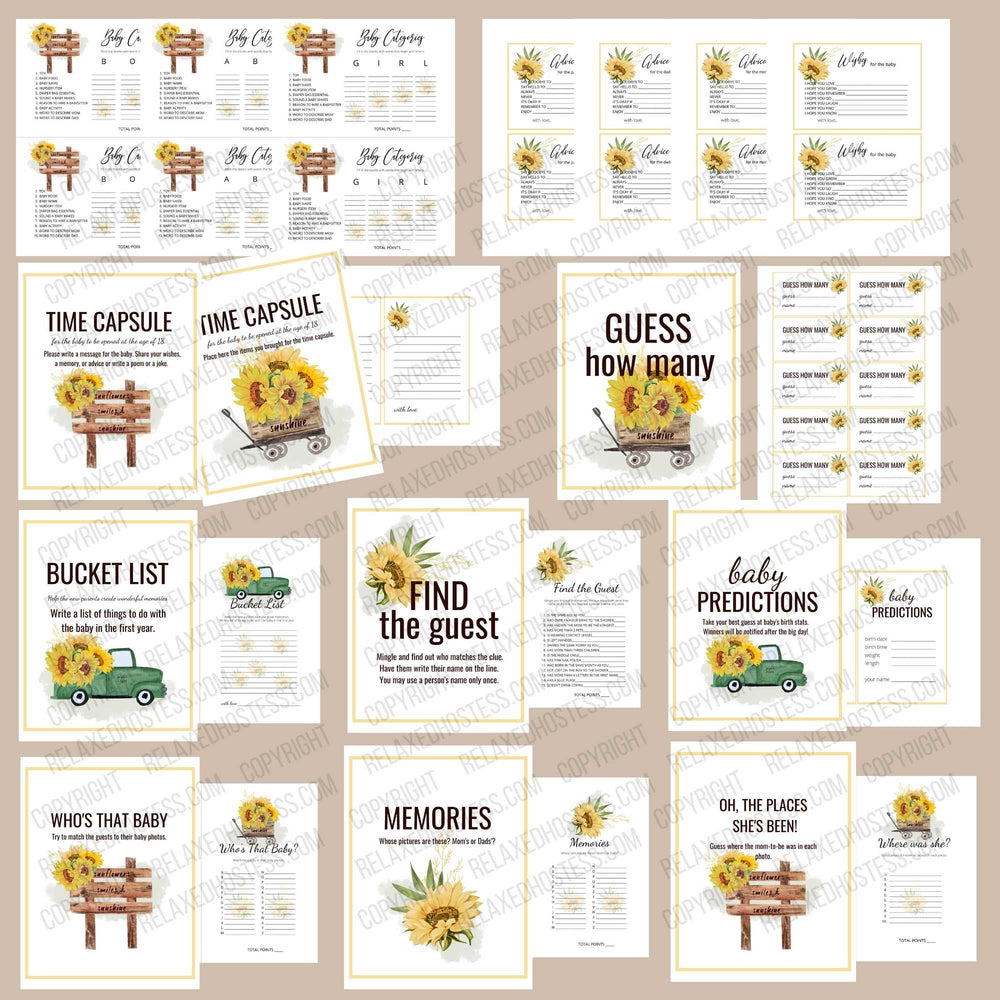 29 sunflower baby shower games such as baby categories, tv show moms and dads. Wishes cards for mom, dad, parents, baby. . Pdf printable. The games have images of vintage sunflowers and a green truck, wooden wagon.