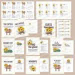29 sunflower baby shower games such as baby categories, tv show moms and dads. Wishes cards for mom, dad, parents, baby. . Pdf printable. The games have images of vintage sunflowers and a green truck, wooden wagon.