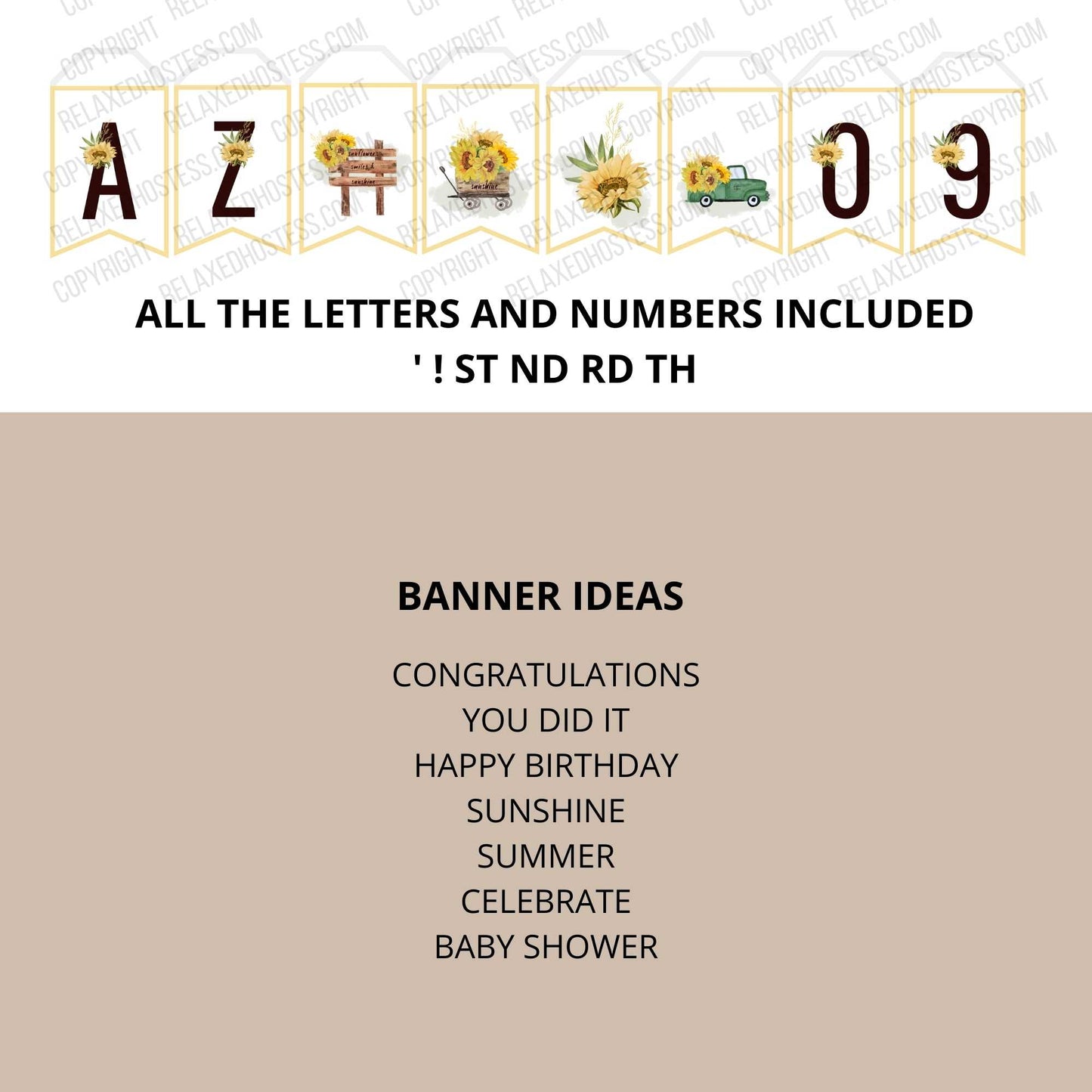 
                  
                    Sun flower banner flags from A to Z and 0 to 9. Also flags with sunflower images. 
                  
                