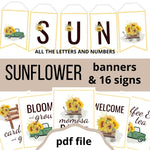 Sunflower Party Signs and Banner Flags (all the letters and numbers included.) Signs have lovely images of sunflowers on a green pick up truck and a brown wagon, and a wooden fence. Signs include Bloom and grow, welcome, coffee bar, cards and gifts.