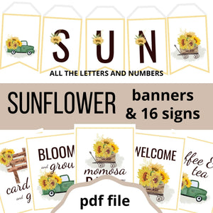 
                  
                    Sunflower Party Signs and Banner Flags (all the letters and numbers included.) Signs have lovely images of sunflowers on a green pick up truck and a brown wagon, and a wooden fence. Signs include Bloom and grow, welcome, coffee bar, cards and gifts.
                  
                
