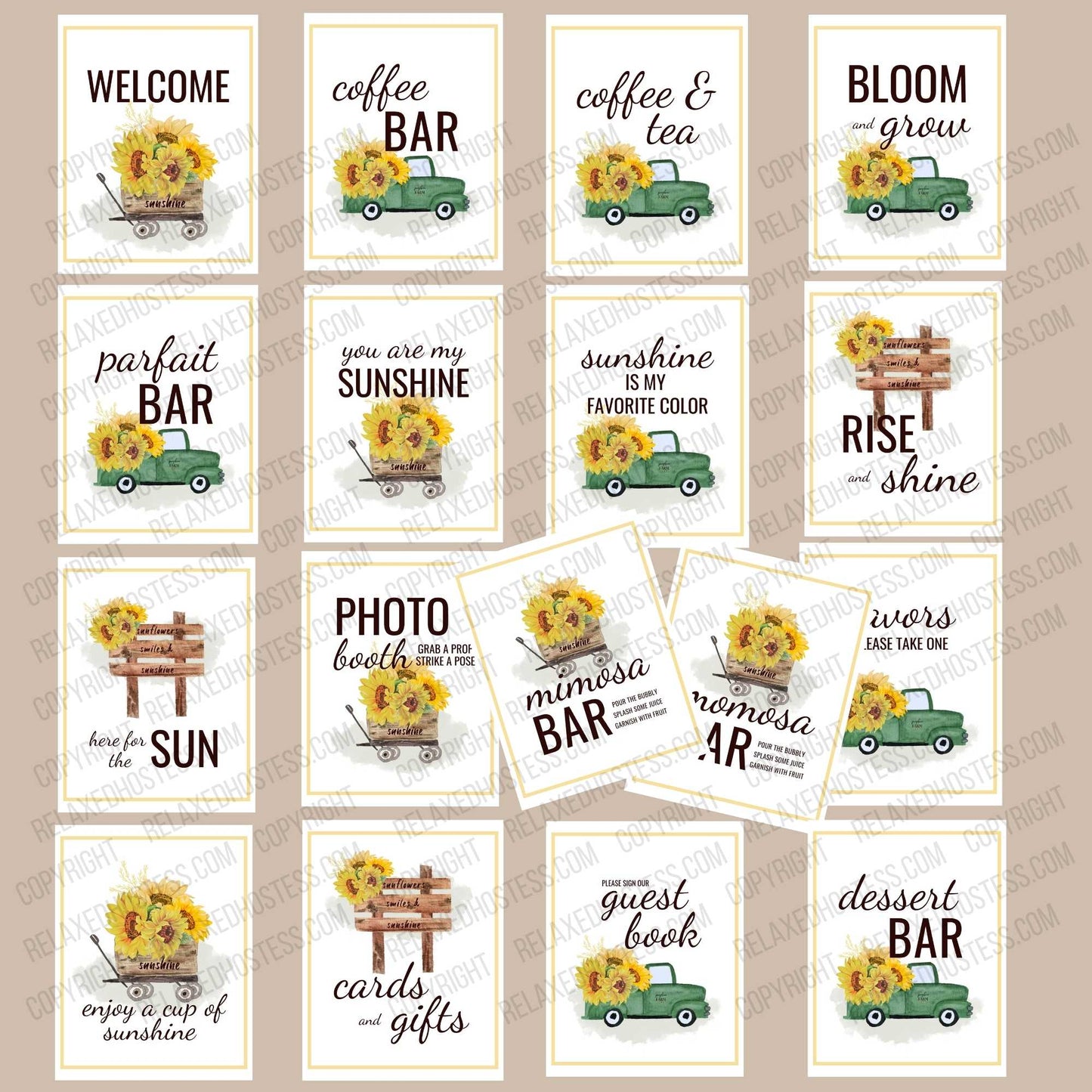 Sunflower Party Signs. Signs have lovely images of sunflowers on a green pick up truck and a brown wagon, and a wooden fence. Signs included welcome, coffee bar, coffee and tea, bloom and grow, parfait bar, you are my sunshine, sunshine is my favorite color, rise and shine, here for the sun, photo booth, mimosa bar, momosa bar favors, enjoy a cup of sunshine, cards and gifts, please sign our guest book, dessert bar.