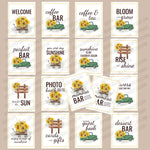 Sunflower Party Signs. Signs have lovely images of sunflowers on a green pick up truck and a brown wagon, and a wooden fence. Signs included welcome, coffee bar, coffee and tea, bloom and grow, parfait bar, you are my sunshine, sunshine is my favorite color, rise and shine, here for the sun, photo booth, mimosa bar, momosa bar favors, enjoy a cup of sunshine, cards and gifts, please sign our guest book, dessert bar.